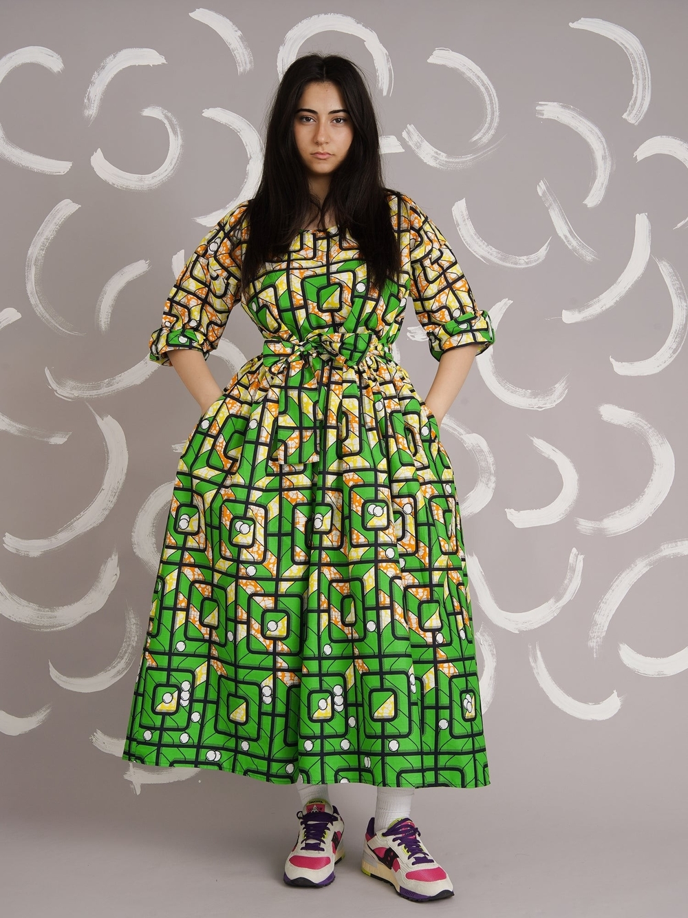 Kemi Telford Green Geometric Print Midi Dress with Tie Waist One SIZE
